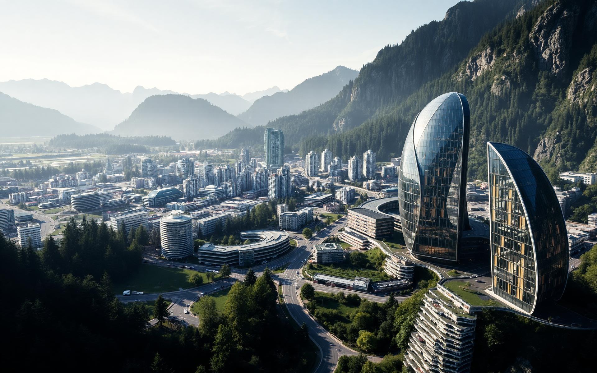 A future Swiss city between mountains at dawn